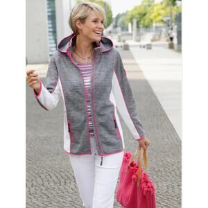Creation L Women's Zipper Hooded Paneled Fleece Jacket in Gray White Pink